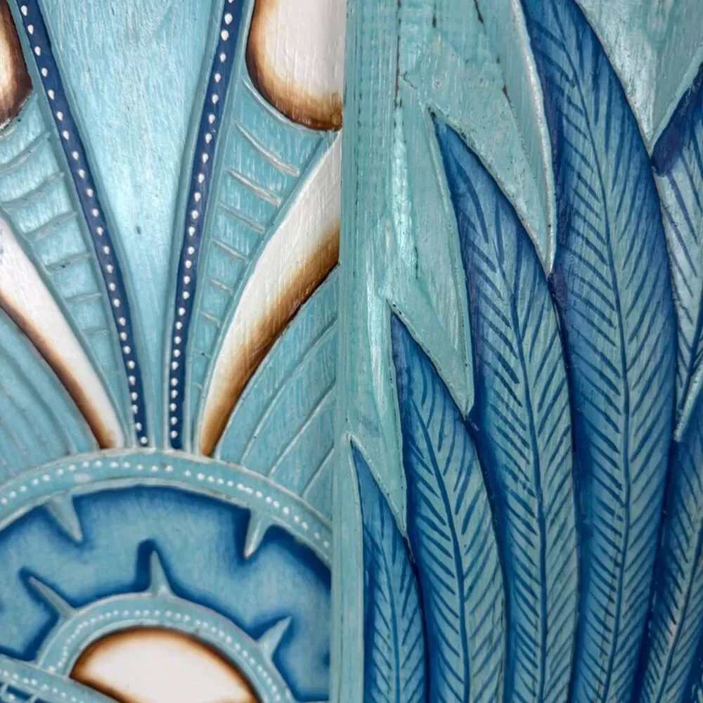 Set of 2 Aqua Tiki Wall Plaques Hand Carved Wood 39 Inch Tall Coastal Decor